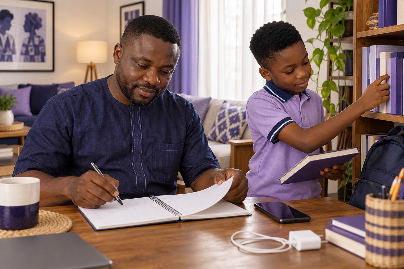 Conceptual illustration of a Nigerian parent recording household learning costs beside a phone while a child chooses a book