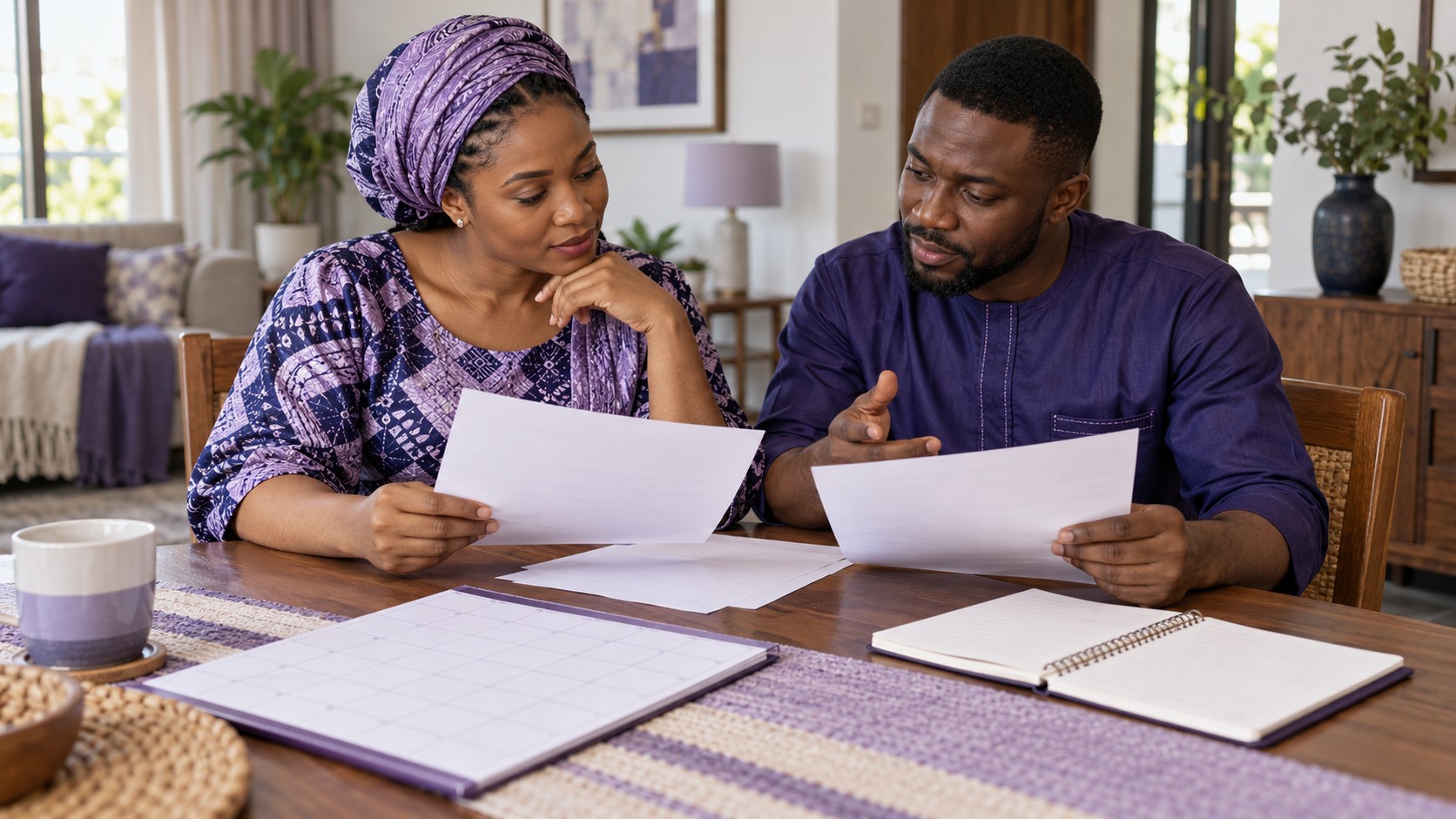 Conceptual illustration of Nigerian parents comparing programme information and a household calendar at home