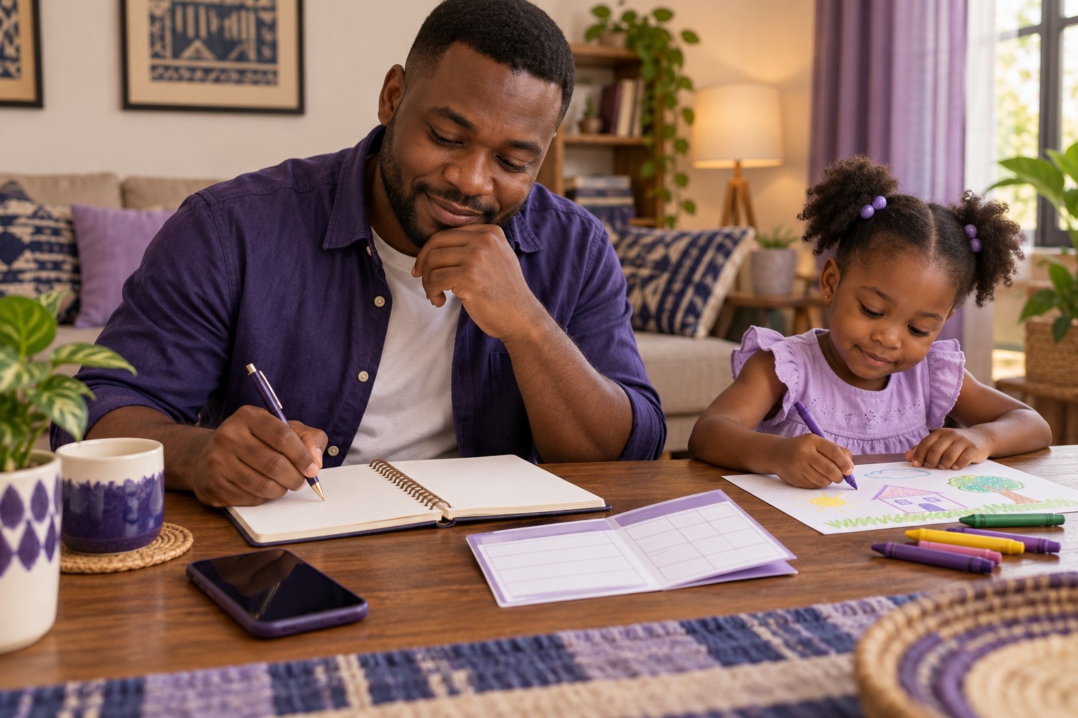 Conceptual illustration of a Nigerian parent preparing an appointment notebook and blank vaccination card while a child draws nearby