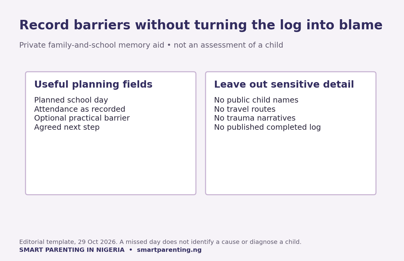 Private attendance log framework with useful planning fields and reminders to exclude public child names, routes and trauma narratives