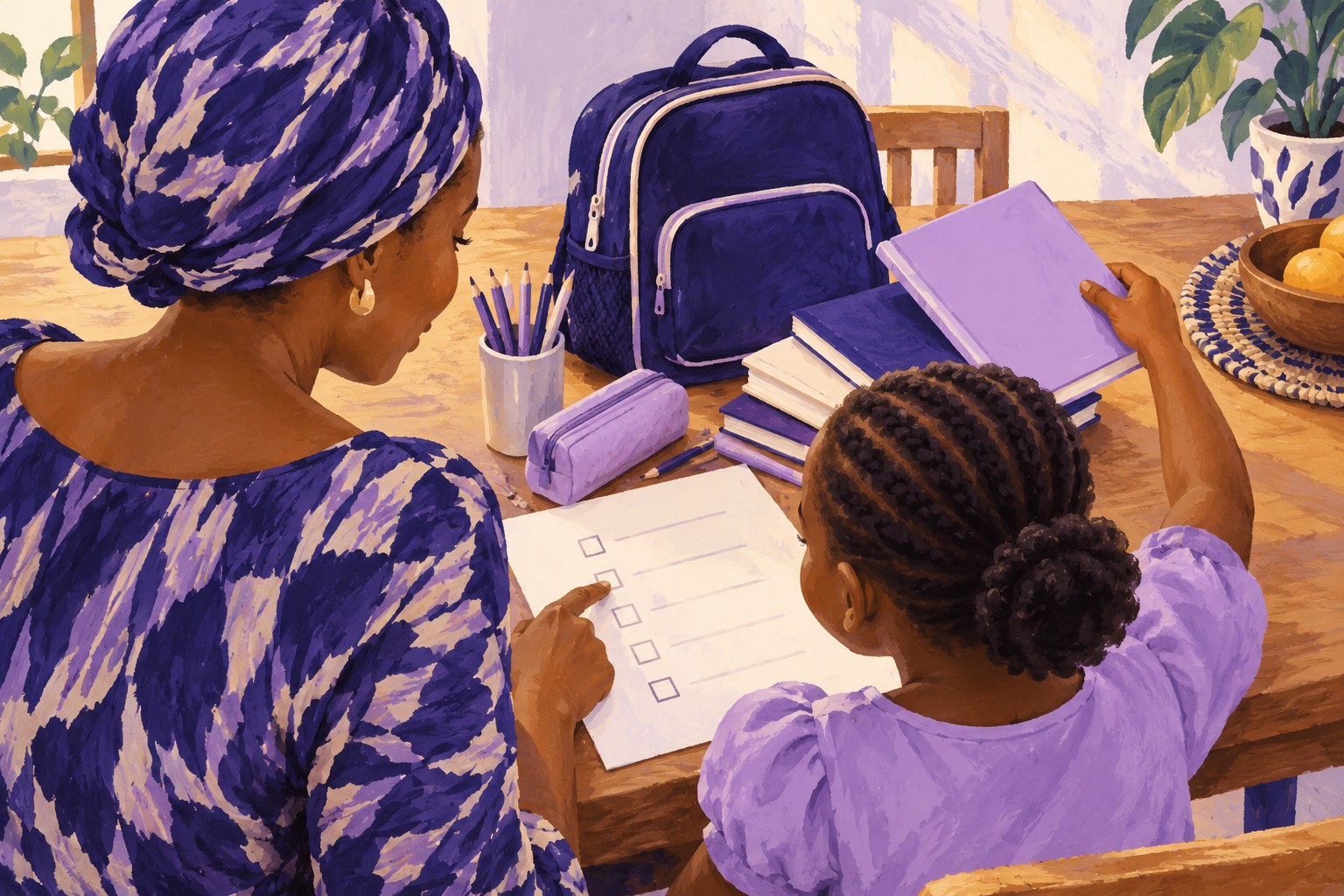 Conceptual illustration of a Nigerian caregiver and child preparing a school bag and simple blank checklist together