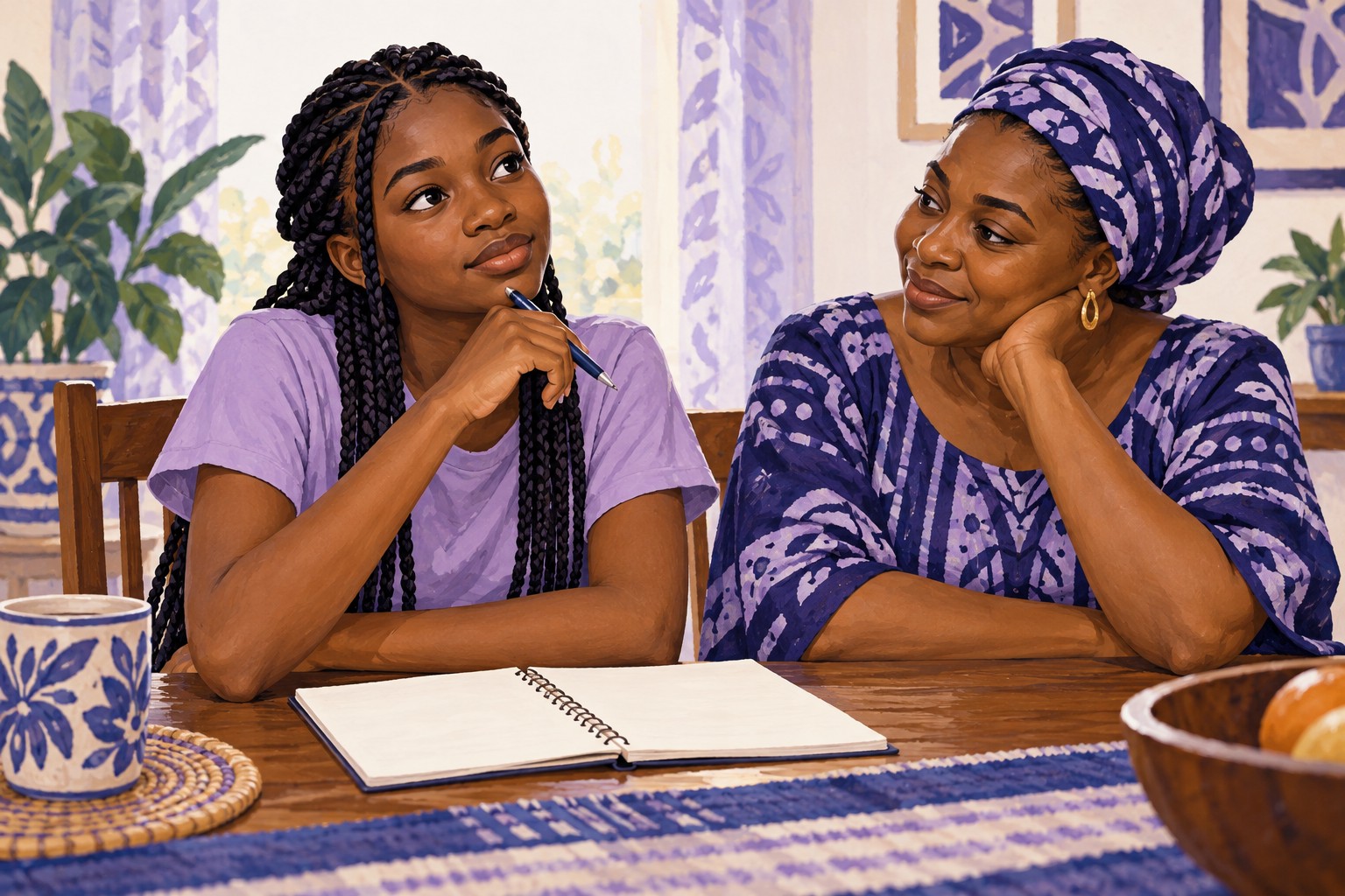 Conceptual illustration of a Nigerian teenager considering appointment questions while a caregiver listens at a table
